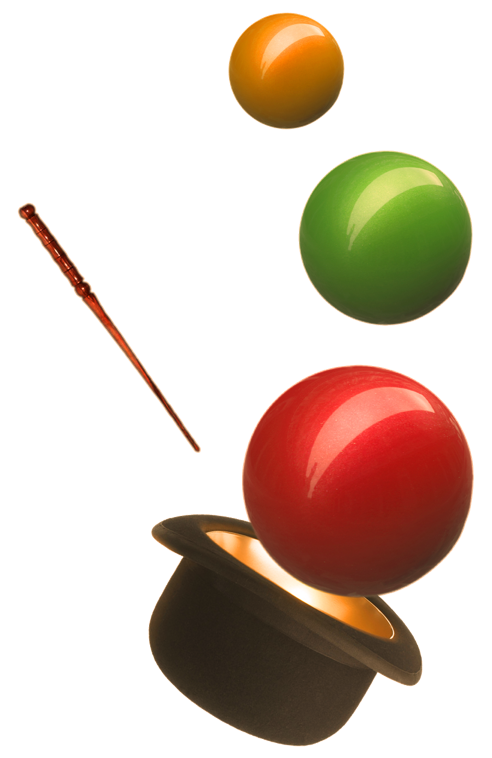 Bild von einem Zaubererhut, aus dem Jonglierbälle geflogen kommen